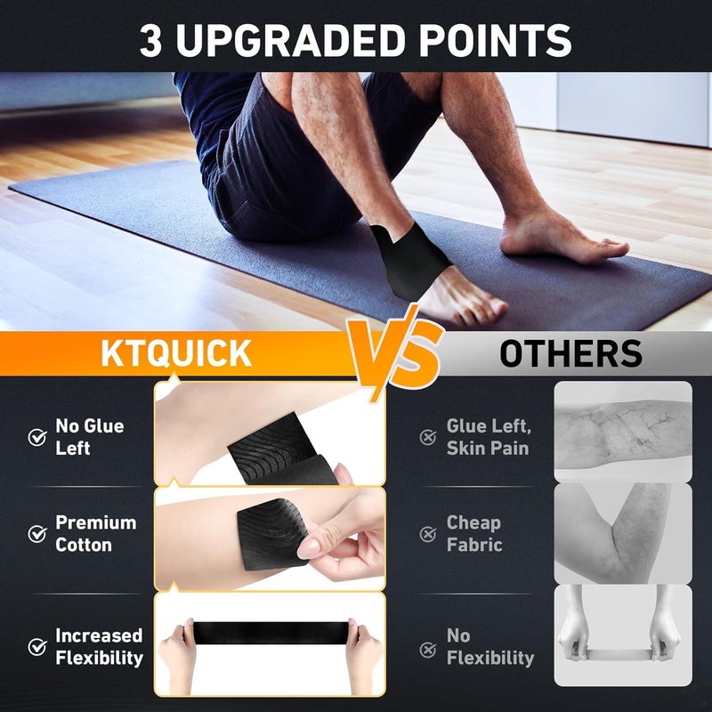 KTQUICK Store Kinesiology Tape for Ankle, 12 Count Ankle Tape Precut, Original Cotton Waterproof & Breathable, Enhance Elastic Kinesiology Athletic Tape for Ankle Support and Muscle to More Sports (Black) - Image 2